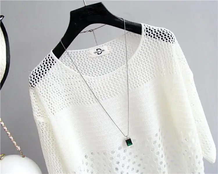 Spring and Summer New Ice Silk Knitted Vest Top Hollow Out Thin Bottoming Sling Streetwear Womens Clothing White Shirt 13686