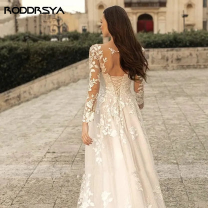 RODDRSYA Elegant O-Neck Wedding Dress Lace Up A-Line Applique Tulle Long Sleeves Beach Bride Gowns vestidos de novia Customized