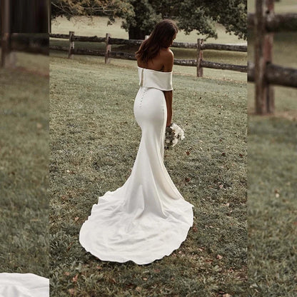 13056#Simple Off-Shoulder Elegant Short Sleeves Backless Wedding Dress Mermaid Buttons Sweep Train Soft Satin Bridal Gown
