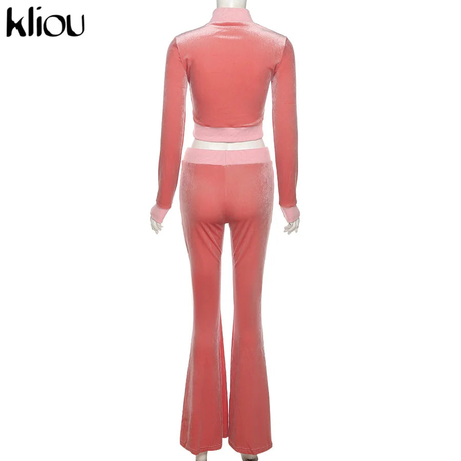 Kliou Solid Velour Two Piece Set Women Simple Casual Zipper Long Sleeve Turtleneck Top+Bandage Lace Slim Female Wide Leg Pants