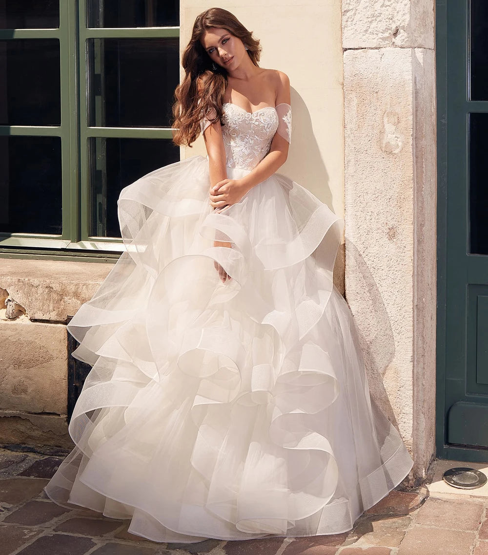 Exquisite Off-shoulder Princess Wedding Dress Customized Appliques Cascading Ruffles Puffy Tulle Bridal Gown  Vestidos de Novia