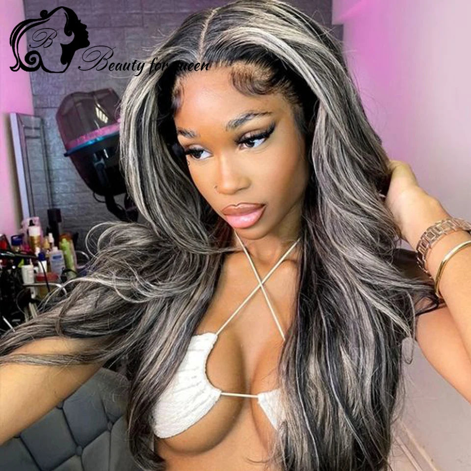 Colored Highlight White Black Body Wave Transparent 13x4 HD Lace Frontal Wigs For Women Brazilian Human Hair Wig 180 Density