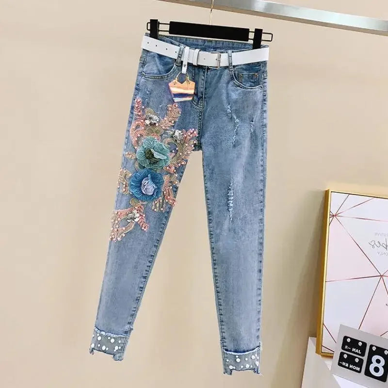 One-Piece/Set 2025 & 2026 Summer New Women Denim Pants Beaded Embroidery Short-Sleeved + Small Feet Hole Jeans Female Two-Piece Suit425