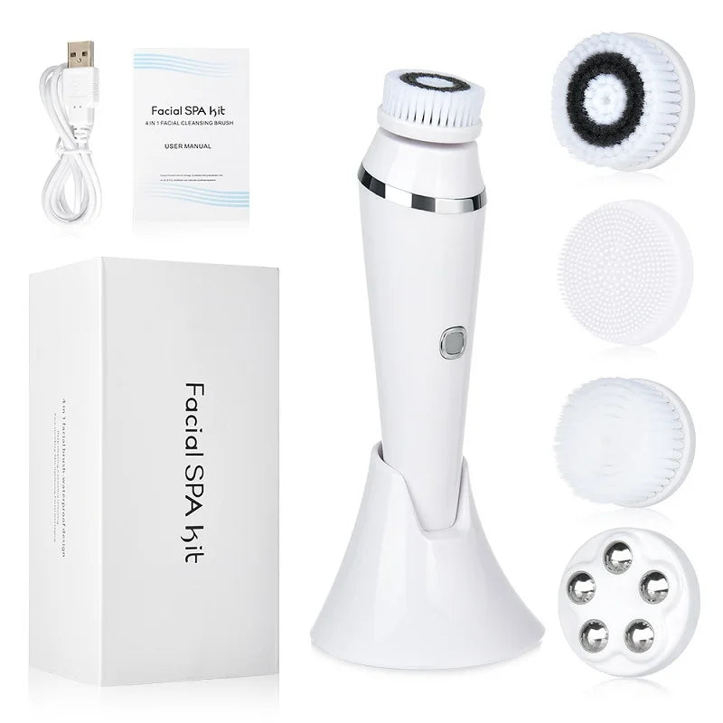4 in 1 Electric Facial Cleansing Brush Rechargeable Waterproof Spin Sonic Exfoliator Face Scrubber Cleanser Skin Care Machine