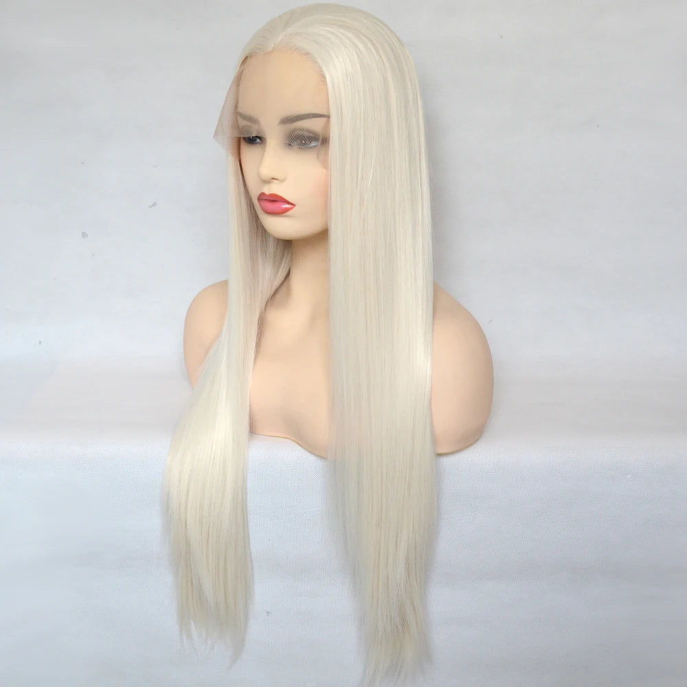 Voguequeen Platinum Blonde Synthetic Lace Front Wigs Silky Straight Heat Resistant Fiber Daily Wear For Women
