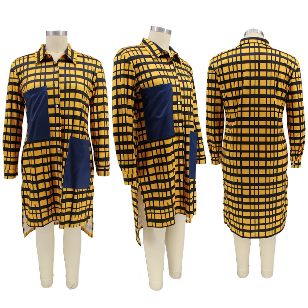 New Plus Size Dresses Women 2022 Wholesale Buttons Casual Long Sleeve Loose Office Lady Plaid Shirt Midi Dresses Dropshipping