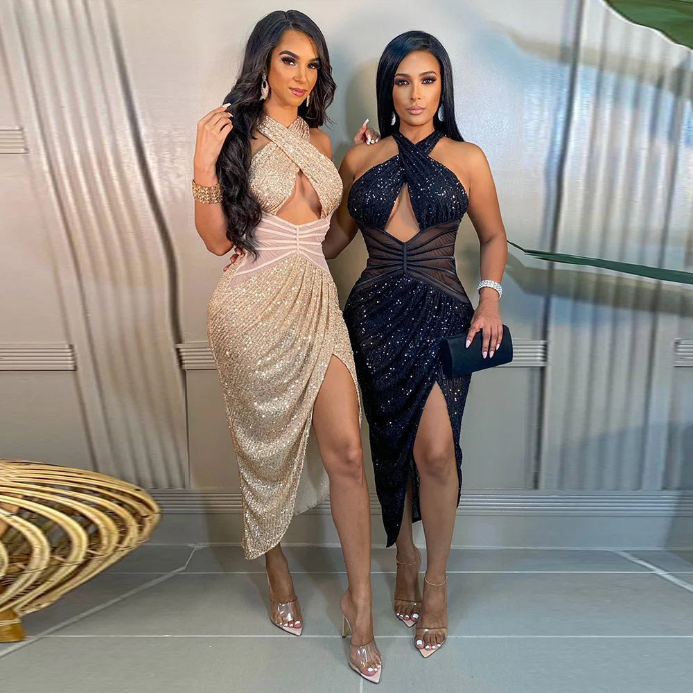 Miingstyle Wholesale Bling Rhinestone Black Mesh Casual Sexy Sequin Hollow Out Slip Dress