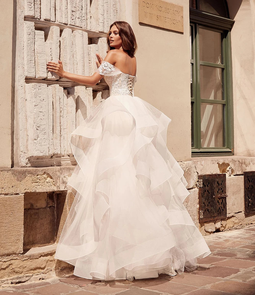 Exquisite Off-shoulder Princess Wedding Dress Customized Appliques Cascading Ruffles Puffy Tulle Bridal Gown  Vestidos de Novia