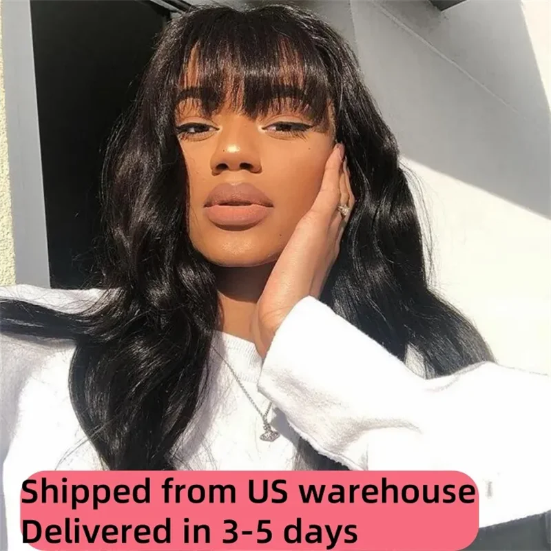 Glueless Bangs Wig Ready to Go Body Wave Human Hair Wigs with Bangs Machine Made Blend Human Hair Wigs for Women