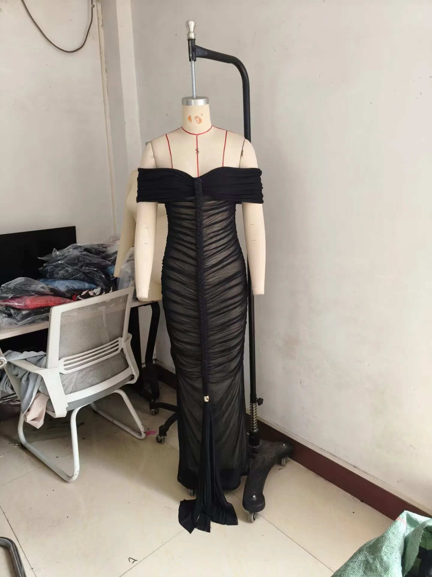 Sexy Solid Color Patchwork Backless Ruched Off Shoulder Long Dresses