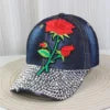 Wholesale Red Rose Hats for Women Bling Rhinestone Baseball Cap With Embroidered Rose Flower Denim Baseball Cap Woman