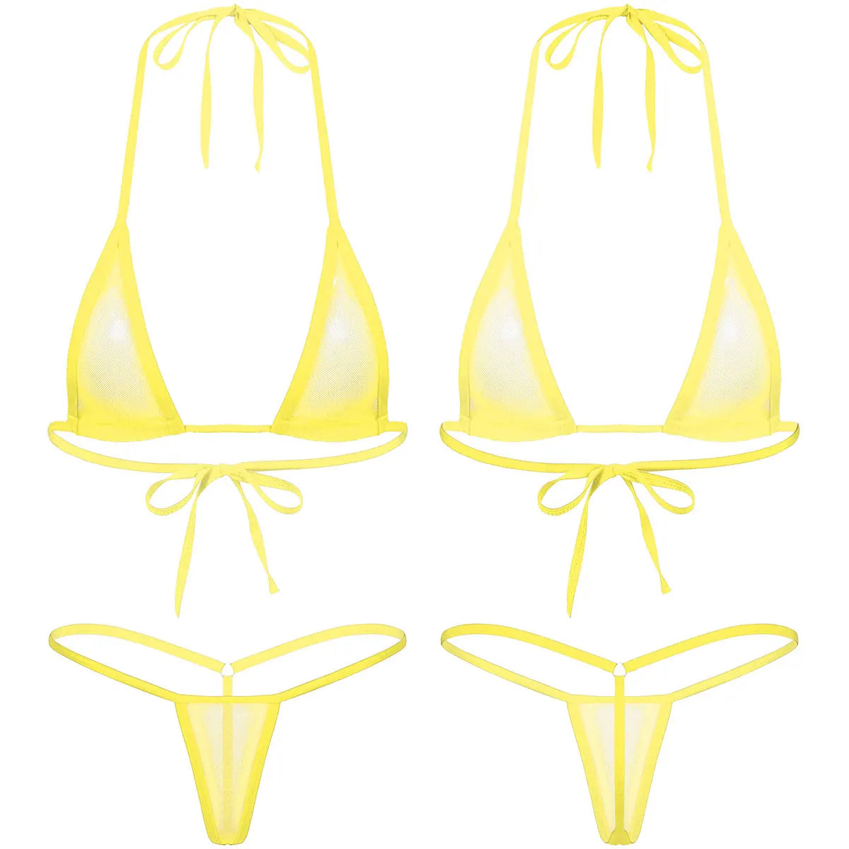 Women's Two-Piece Swimsuits Bikini Sets Sexy Mesh Sheer Halter neck Micro Bikini Outfits Bra Top with G-String Swimwear Female