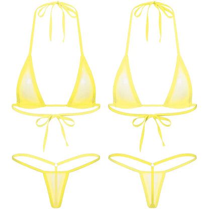 Women's Two-Piece Swimsuits Bikini Sets Sexy Mesh Sheer Halter neck Micro Bikini Outfits Bra Top with G-String Swimwear Female