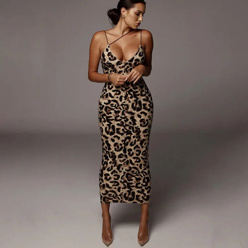leopard print sleeveless V-neck sexy Hipster Fashion midi dress spring women fashion streetwear Christmas party outfits