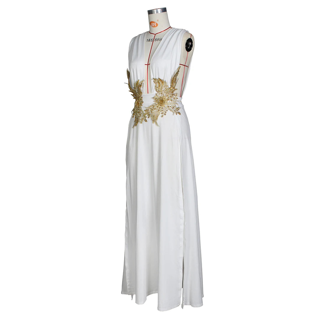 JRRY Sexy Women High Slit Maxi Dresses Deep V Neck Backless Long Dress Solid Pattern Floor Length Dress Vestidos