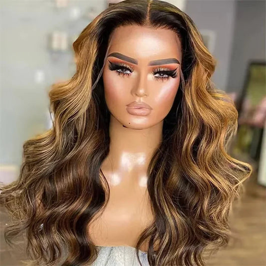 Wholesale 13x4 Lace Full Frontal Wig Brazilian Hair for Ombre Highlight Body Wave in Honey Blonde Dark Roots Transparent Lace