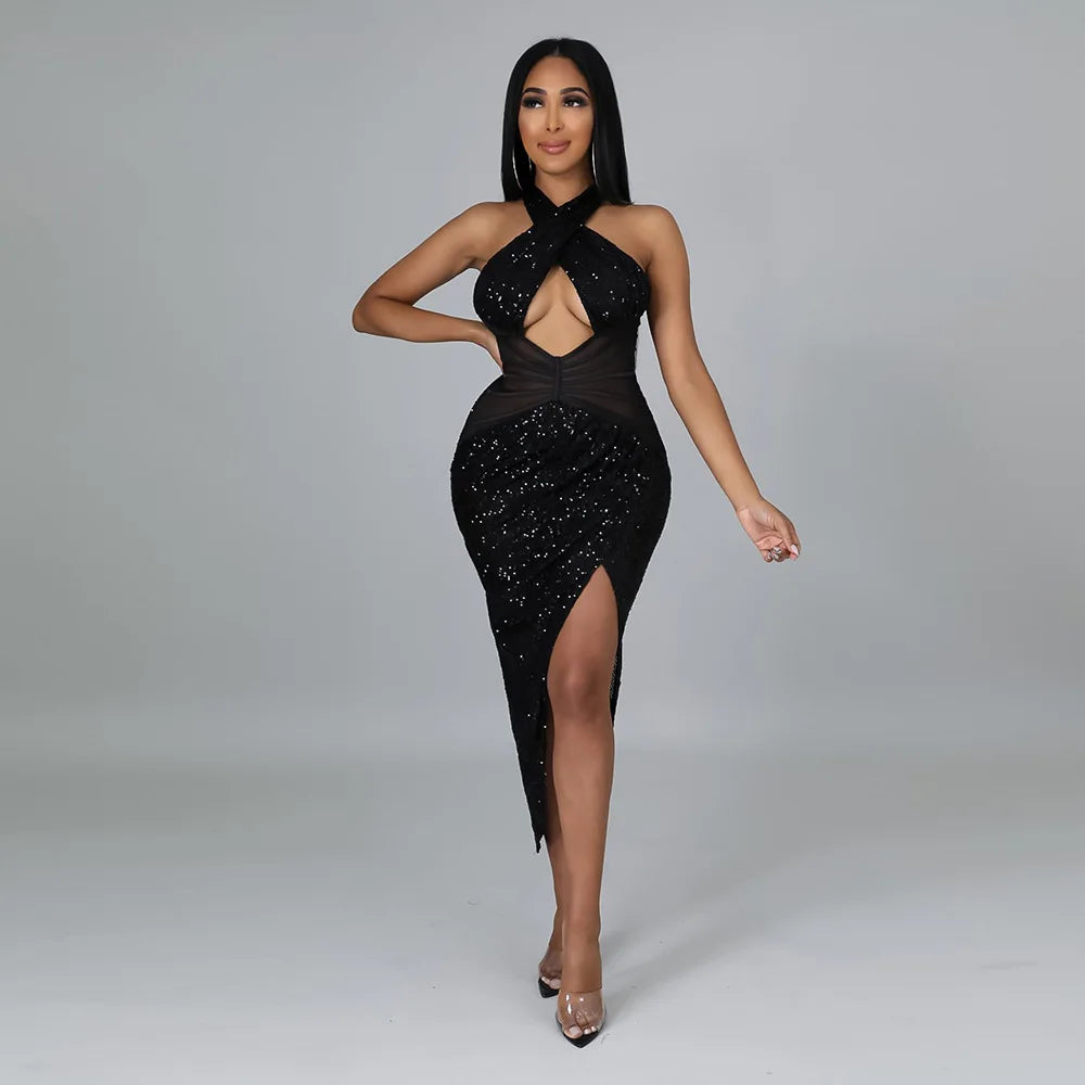Miingstyle Wholesale Bling Rhinestone Black Mesh Casual Sexy Sequin Hollow Out Slip Dress
