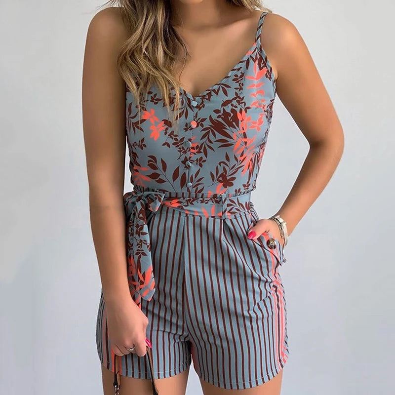 Sexy V-neck Spaghetti Strap Floral Print Women Short Romper Playsuit Female Beach Ruffle Sleeveless 2023 Fashion Casual Jumpsuit