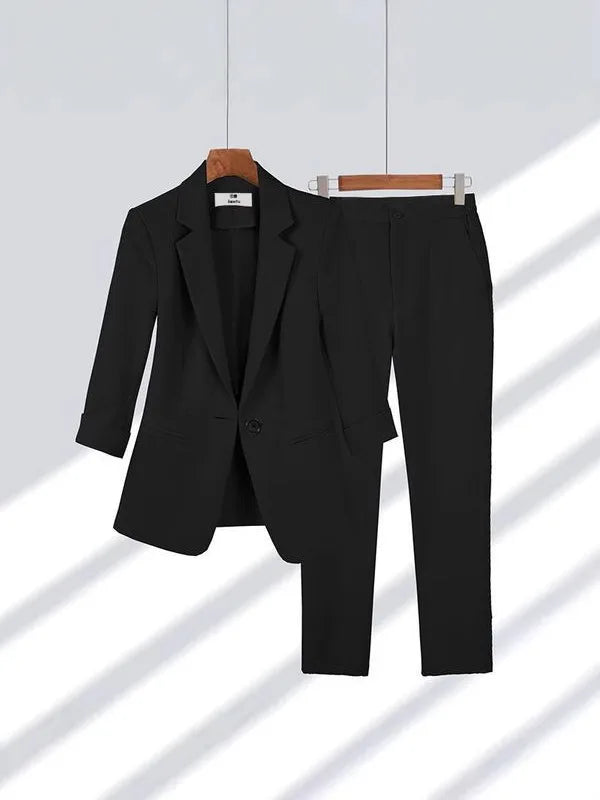 2025& 2026 Women's New V-neck Big Collar Solid Color One Button Professional Set Casual Nine Sleeve Suit Set Women's Wear