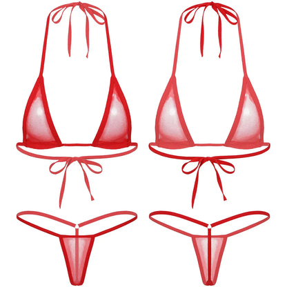 Women's Two-Piece Swimsuits Bikini Sets Sexy Mesh Sheer Halter neck Micro Bikini Outfits Bra Top with G-String Swimwear Female