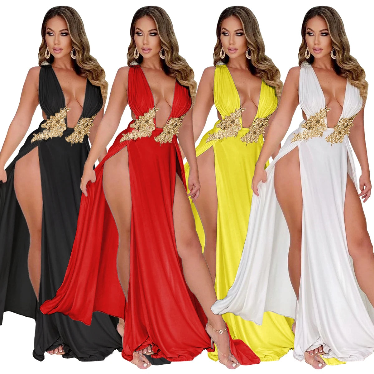 JRRY Sexy Women High Slit Maxi Dresses Deep V Neck Backless Long Dress Solid Pattern Floor Length Dress Vestidos