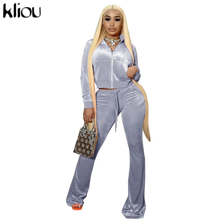 Kliou Solid Velour Two Piece Set Women Simple Casual Zipper Long Sleeve Turtleneck Top+Bandage Lace Slim Female Wide Leg Pants