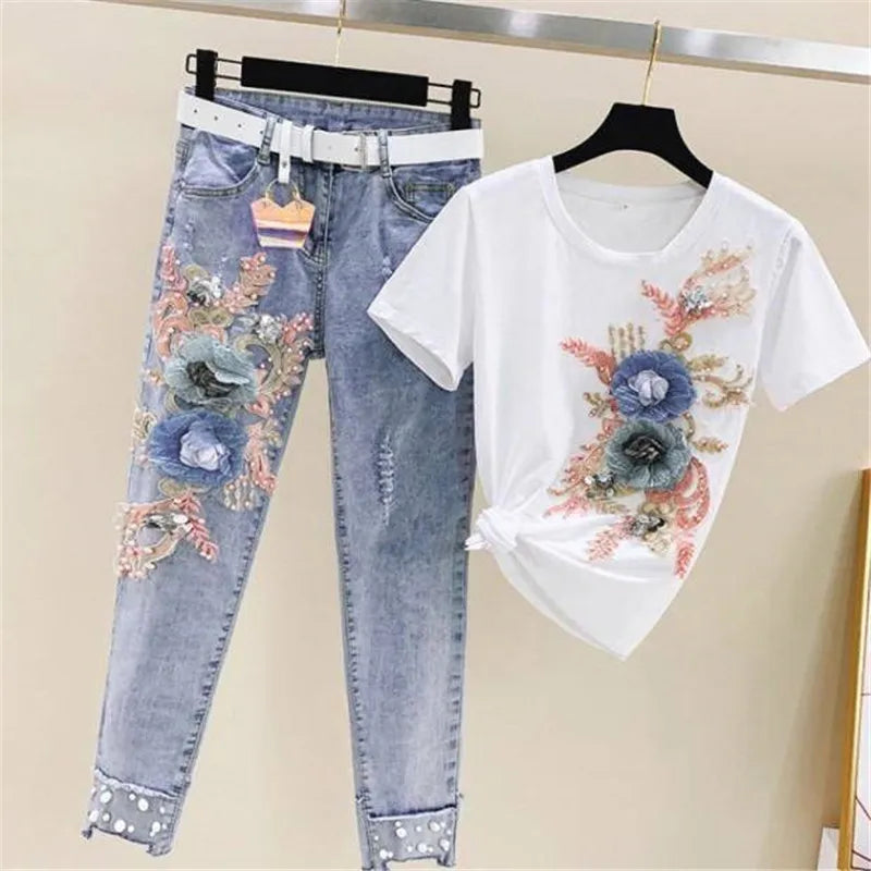 One-Piece/Set 2025 & 2026 Summer New Women Denim Pants Beaded Embroidery Short-Sleeved + Small Feet Hole Jeans Female Two-Piece Suit425