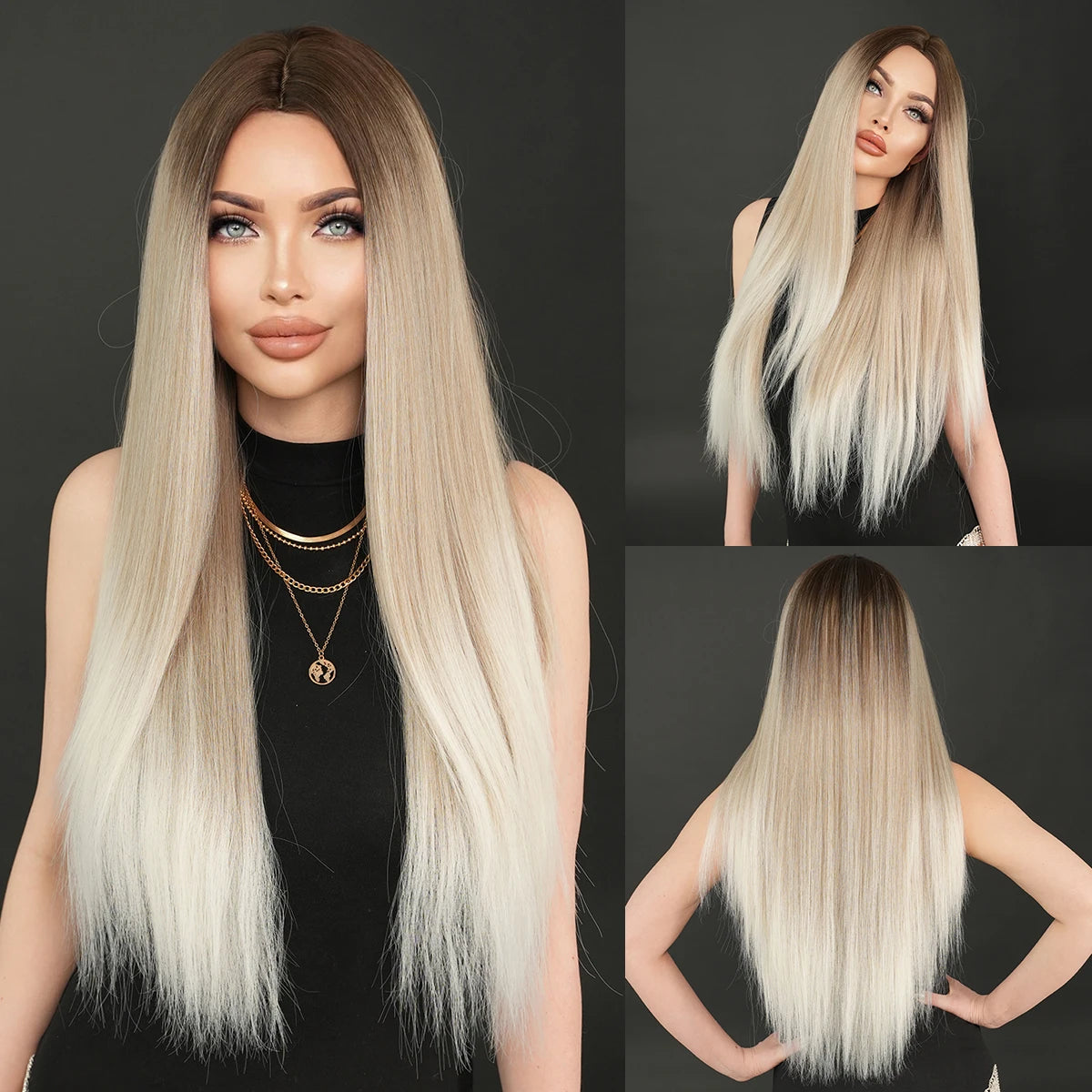 613 Blond Synthetic Hair Wigs 32 Inch Long Straight Hair with Bangs Middle Parted Ombre Blond Wigs Perucas for Women Daily Use