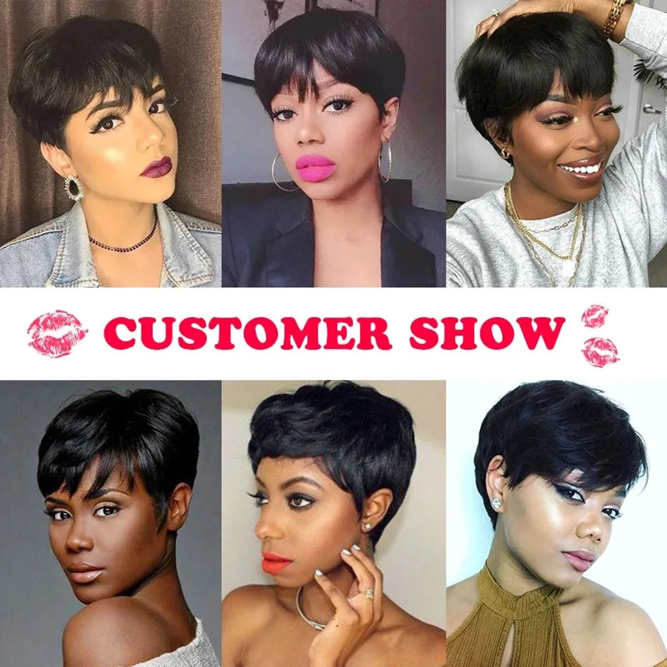 Short Pixie Cut Wig Human Hair For Women Machine Made Wigs With Bangs Brazilian Human Hair Wigs Cheap Pixie Cut WigsOn Sale