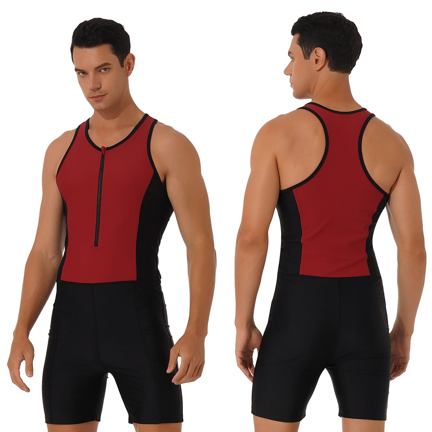 Men Bodysuit Swimsuit Sleeveless Racerback Zipper Jumpsuit Swimwear Bathing Suit Surfing Clothing Rashguard Beachwear Wetsuit