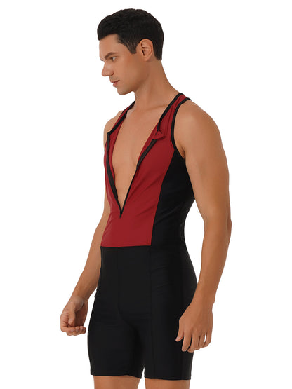 Men Bodysuit Swimsuit Sleeveless Racerback Zipper Jumpsuit Swimwear Bathing Suit Surfing Clothing Rashguard Beachwear Wetsuit