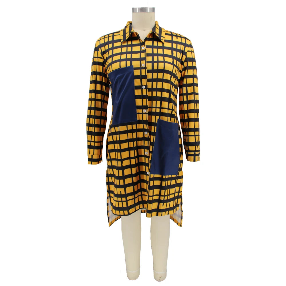 New Plus Size Dresses Women 2022 Wholesale Buttons Casual Long Sleeve Loose Office Lady Plaid Shirt Midi Dresses Dropshipping