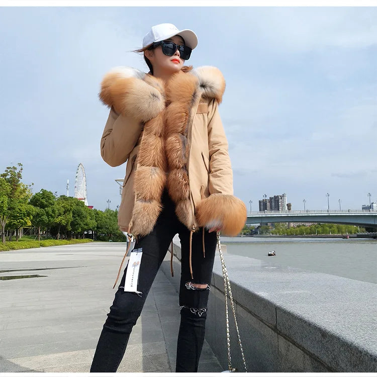 MAOMAOKONG 2025 & 2026 Real Fur Coat New Fashion Fox Fur Collar Winter Women's clothing Removable Lining Thickened Jacket Short Parka
