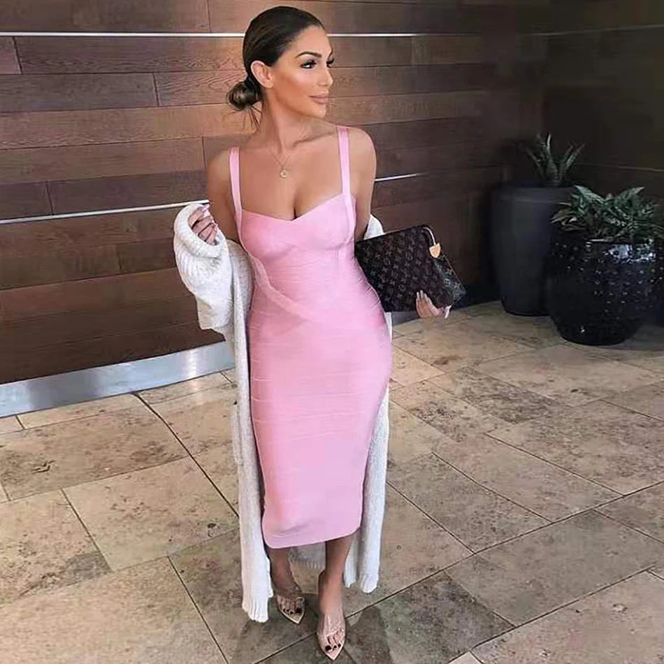 New 2026 Women Sexy Celebrity Midi Red White HL Elastic Bandage Dress Spaghetti Strap Club Bodycon Party Dress Wholesale HL434