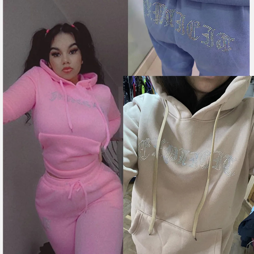 Diamonds Tracksuit 2 Piece Set Women Oversize Hoodies Sweatshirt Sweatpants Joggers Sport Pant Suits Femme Outfits Sweatsuits
