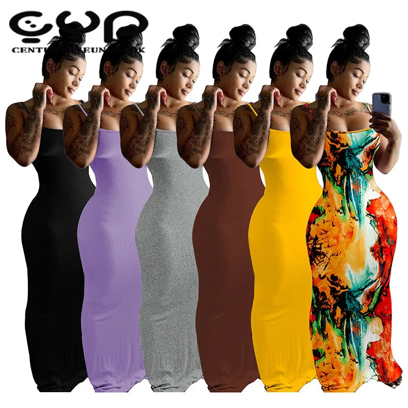 New Arrival Women's Summer Bodycon Maxi Dress Spaghetti Strap Sklinky Casual Ribbed Knit Floor-Length with Beading Decoration