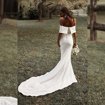 13056#Simple Off-Shoulder Elegant Short Sleeves Backless Wedding Dress Mermaid Buttons Sweep Train Soft Satin Bridal Gown