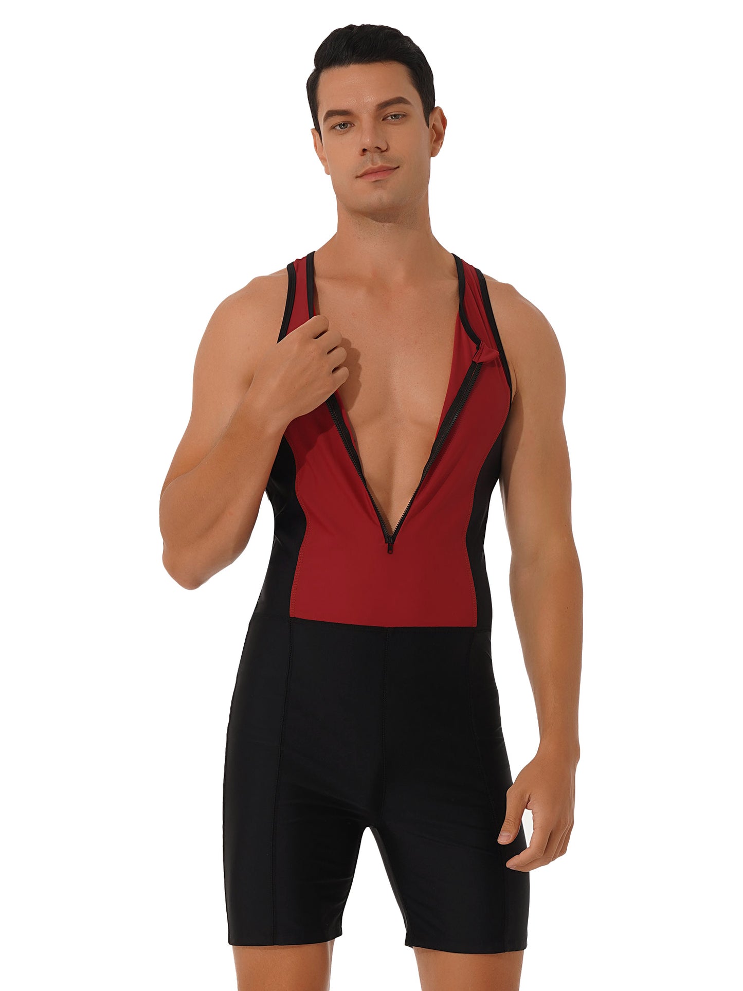 Men Bodysuit Swimsuit Sleeveless Racerback Zipper Jumpsuit Swimwear Bathing Suit Surfing Clothing Rashguard Beachwear Wetsuit