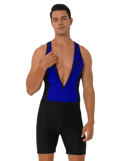 Men Bodysuit Swimsuit Sleeveless Racerback Zipper Jumpsuit Swimwear Bathing Suit Surfing Clothing Rashguard Beachwear Wetsuit