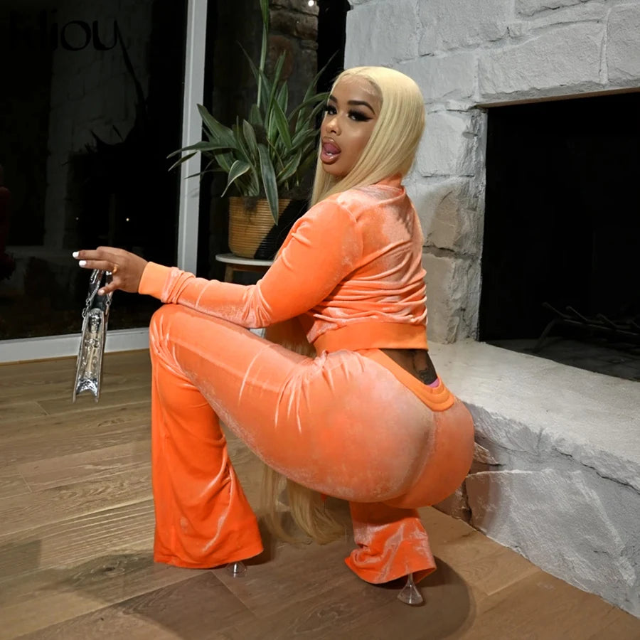 Kliou Solid Velour Two Piece Set Women Simple Casual Zipper Long Sleeve Turtleneck Top+Bandage Lace Slim Female Wide Leg Pants