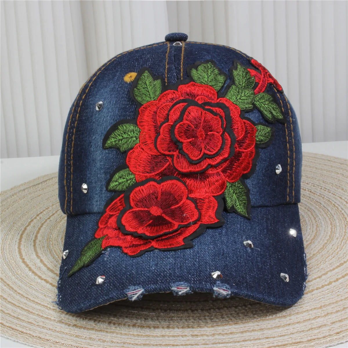 Wholesale Red Rose Hats for Women Bling Rhinestone Baseball Cap With Embroidered Rose Flower Denim Baseball Cap Woman