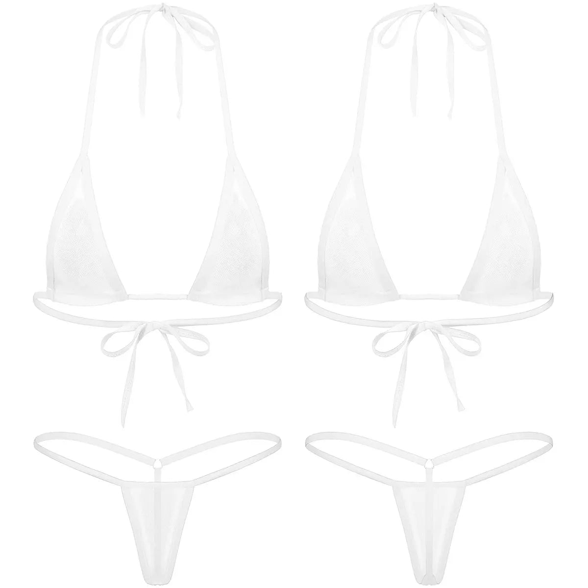 Women's Two-Piece Swimsuits Bikini Sets Sexy Mesh Sheer Halter neck Micro Bikini Outfits Bra Top with G-String Swimwear Female