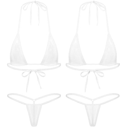 Women's Two-Piece Swimsuits Bikini Sets Sexy Mesh Sheer Halter neck Micro Bikini Outfits Bra Top with G-String Swimwear Female