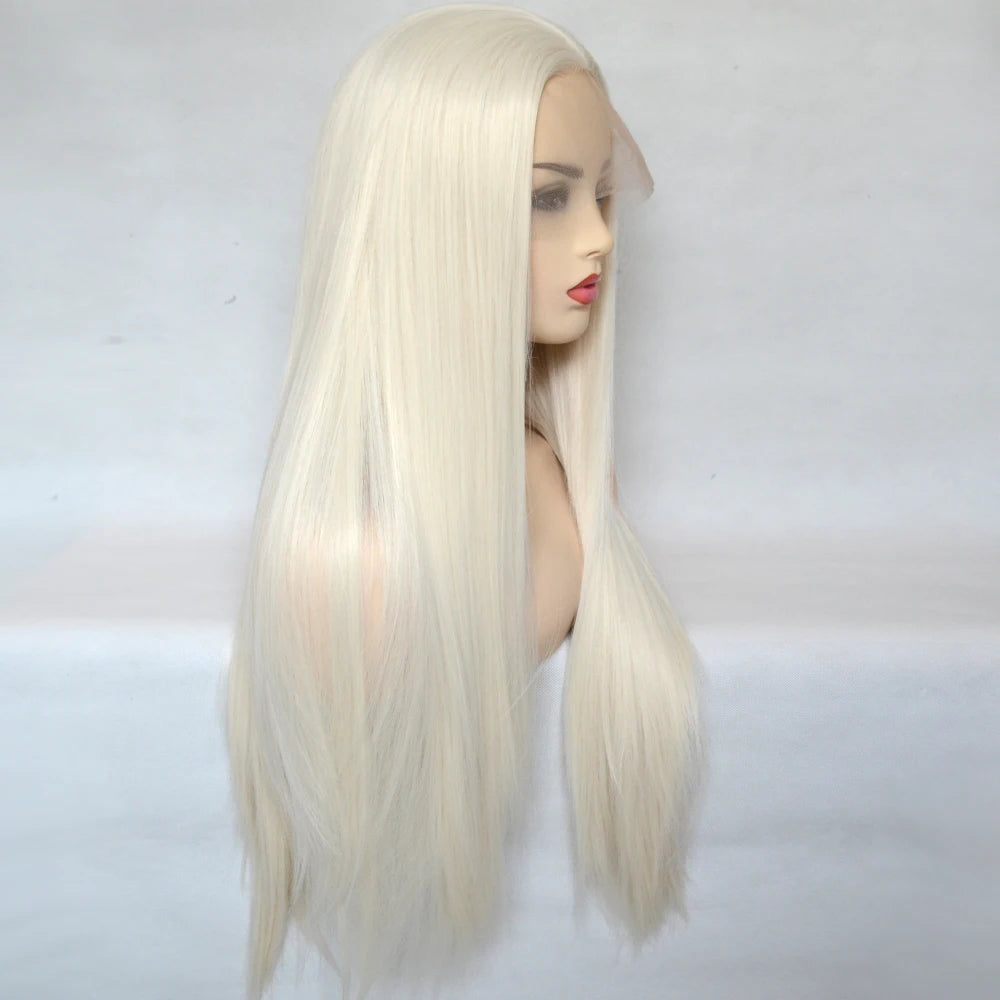 Voguequeen Platinum Blonde Synthetic Lace Front Wigs Silky Straight Heat Resistant Fiber Daily Wear For Women