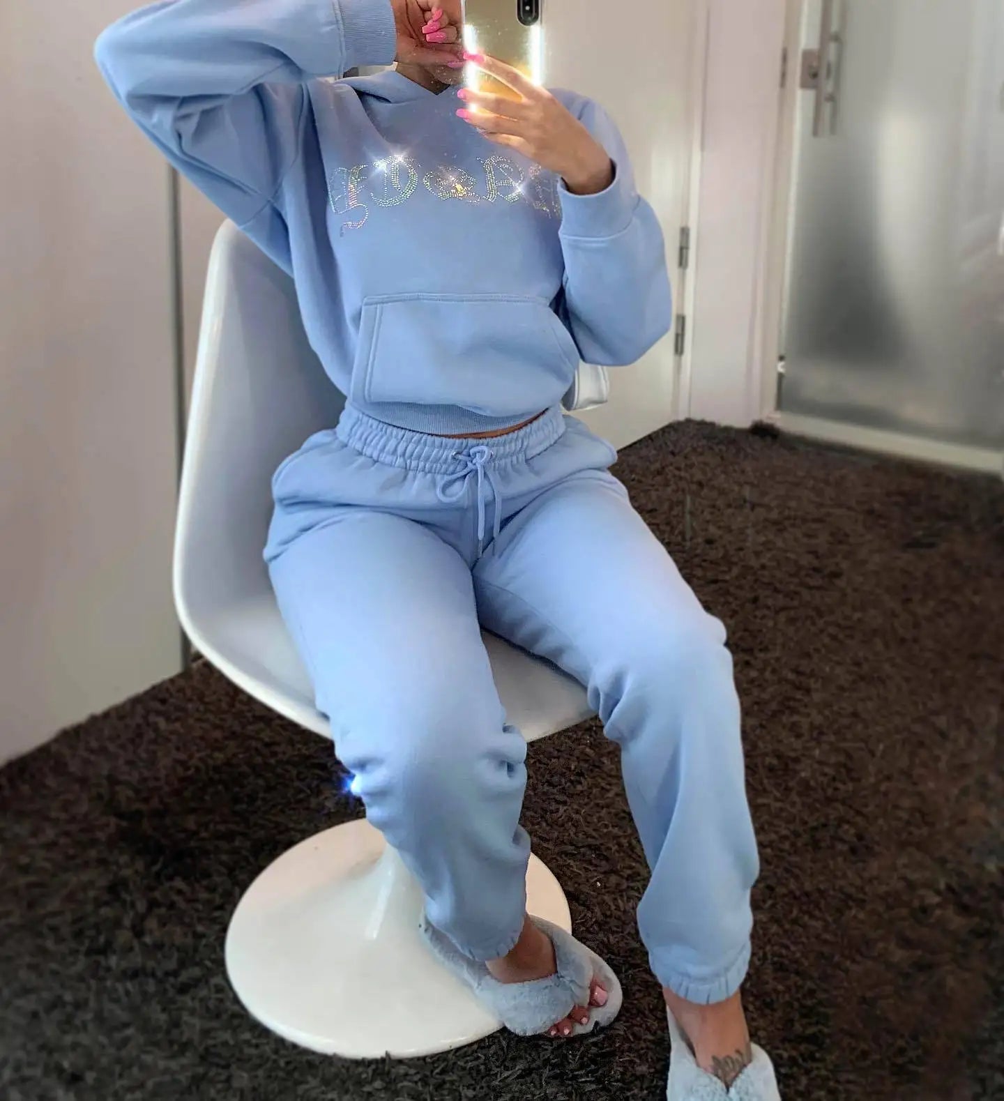 Diamonds Tracksuit 2 Piece Set Women Oversize Hoodies Sweatshirt Sweatpants Joggers Sport Pant Suits Femme Outfits Sweatsuits