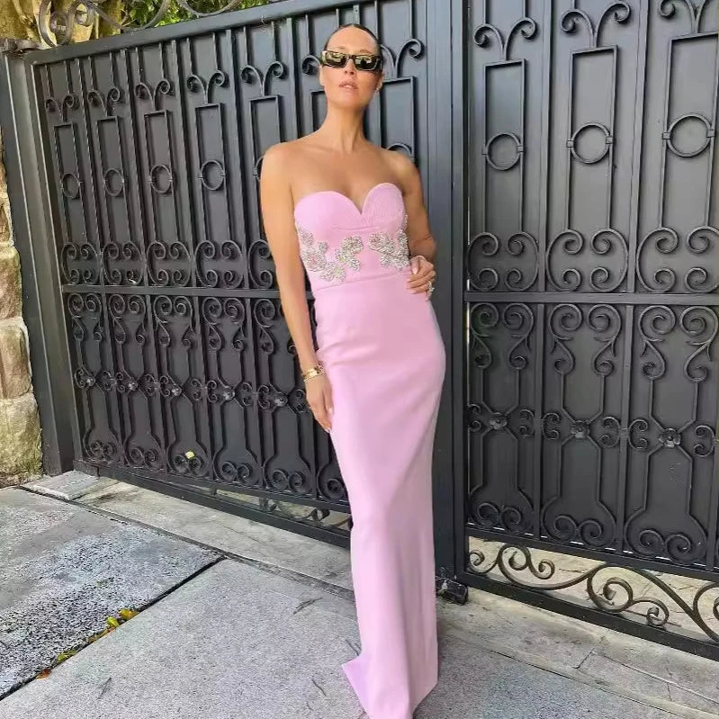 2026 High Quality New Pink Diamond Floral Slimming Bandage Dress Elegant Wedding Party Dress