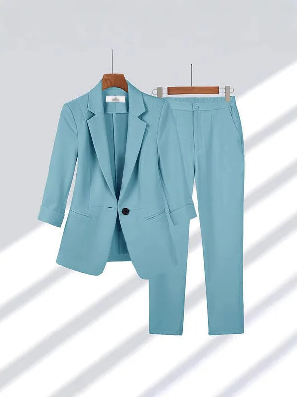 2025& 2026 Women's New V-neck Big Collar Solid Color One Button Professional Set Casual Nine Sleeve Suit Set Women's Wear