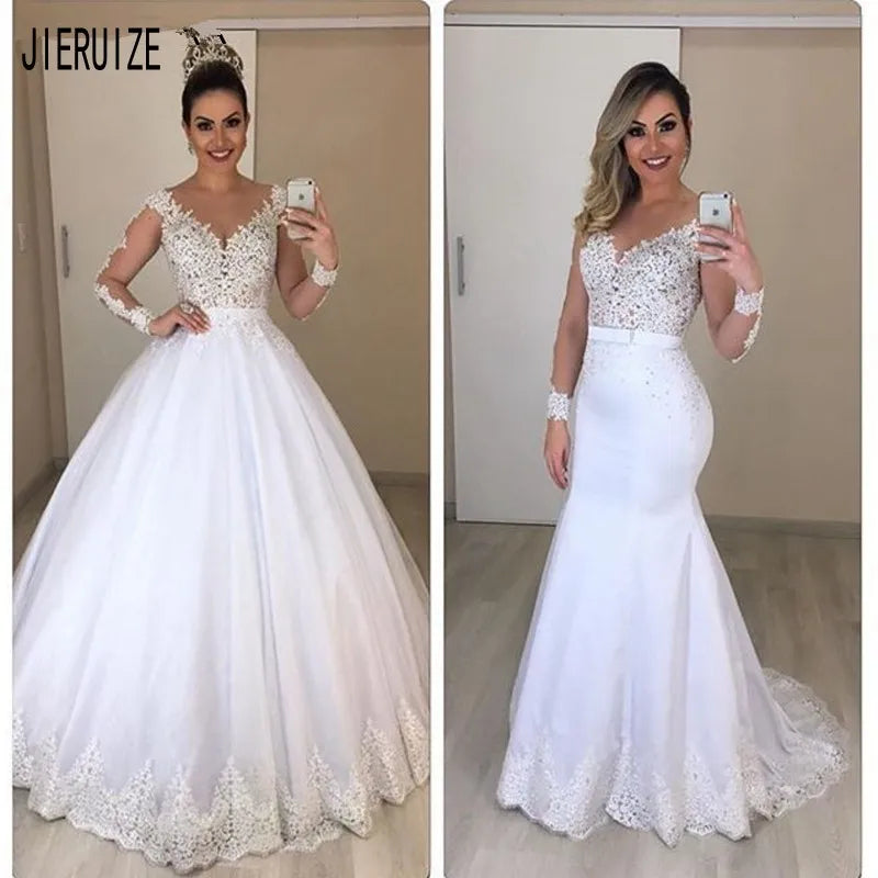 Lace 2 In 1 Mermaid Wedding Dresses Long Sleeves Scoop Neck Detachable Train Puffy Tulle Appliques Bridal Gowns Customized