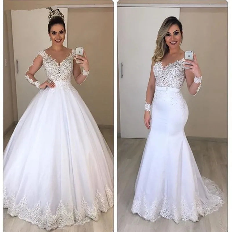 Lace 2 In 1 Mermaid Wedding Dresses Long Sleeves Scoop Neck Detachable Train Puffy Tulle Appliques Bridal Gowns Customized