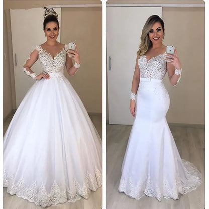 Lace 2 In 1 Mermaid Wedding Dresses Long Sleeves Scoop Neck Detachable Train Puffy Tulle Appliques Bridal Gowns Customized